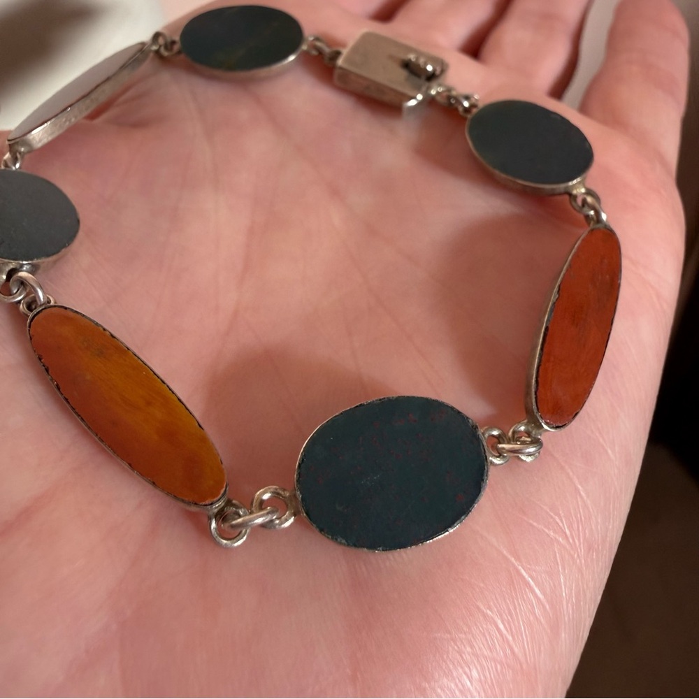 Vintage Sterling silver modernist blood stone carnelian minimalist deco bracelet